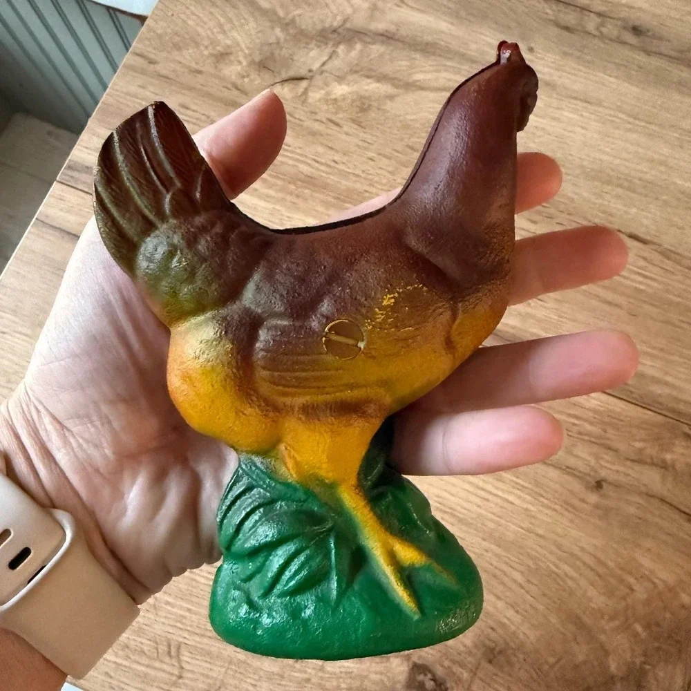 Vintage Cast Iron Hen Chicken Coin Bank Farmhouse Decor Brown Green 5.5
